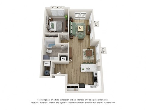 Floor plan for 1 bed, 1 bath, 815 sqft